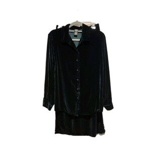 Eileen Fisher Silk Blend Velveteen Shirt & Maxi Skirt Set Dark Green Size Small